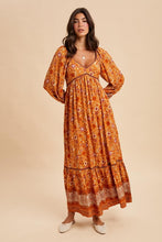 Pumpkin Spice Floral Contrast Piped Border Print Maxi Dress