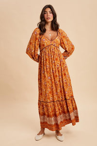 Pumpkin Spice Floral Contrast Piped Border Print Maxi Dress