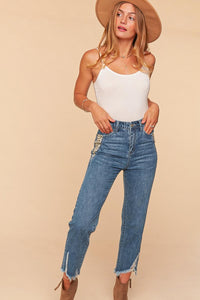 Vintage Blue High Waist Leopard Print Pocket Ripped Ankle Jeans
