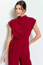 Burgundy High Neck Draped Waist Cap Sleeve Jumpsuit