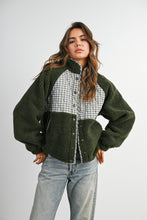 Olive Multi Quilted Plaid Sherpa Fleece Snap Jacket