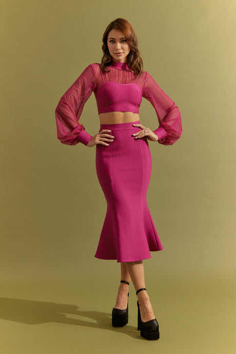 Magenta Bandage Crop Top Mesh And Fit Midi Skirt Set