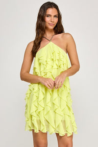 Lemon Ruffle With Gold Chain Mini Dress