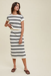 Cream/Black Striped Sweater Top And Skirt Set