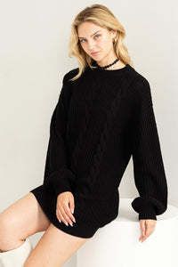 Black Cable-Knit Ribbed Mini Sweater Dress