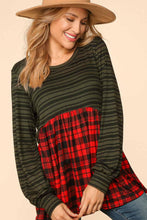 Black/Evergreen/Red Holiday Plaid Color Block Babydoll Knit Top