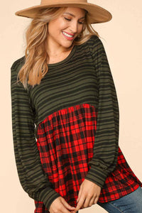 Black/Evergreen/Red Holiday Plaid Color Block Babydoll Knit Top