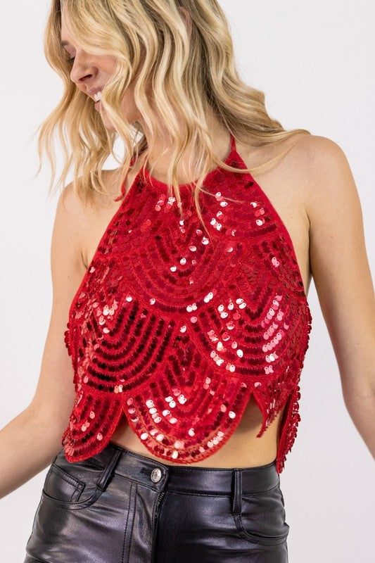 Red Scallop Sequin Halter Croptop