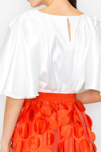 Off White Satin Flutter Kimino Sleeve Waist Band Smocked Top