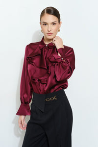 Wine Chic Satin Ruffled Jeweled Bell Sleeves Blouse Top