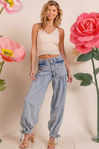 Lt Denim Washed Denim Wide Leg Pants With Tie Hem Detail