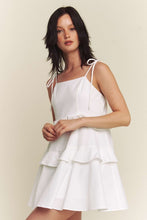 White Linen Tie Spaghetti Ruffle Detail Mini Dress