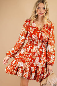 Rust Soft Luxe Jacquard Stripe Flower Printed Smocked W
