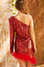 Red Asymmetry Bottom Feather Trim Sequin Dress