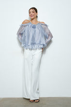 Dusty Blue Off-Shoulder Pearl Accent Organza Ruffle Blouse