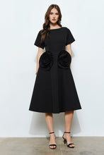 Black Elegant Rose Applique A-line Midi Dress