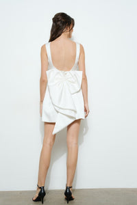 White Sleeveless Pearl Trim Bow-back Mini Dress