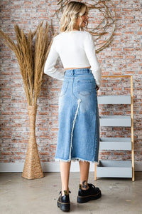 Med Wash Front And Back Slit Denim Long Skirt