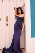 Navy Blue Lace Embroidered Satin Long Slit Evening Dress