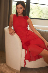 Red Rosette Ruffle Midi Dress