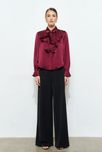 Wine Chic Satin Ruffled Jeweled Bell Sleeves Blouse Top