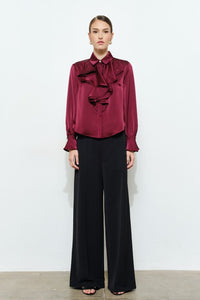 Wine Chic Satin Ruffled Jeweled Bell Sleeves Blouse Top