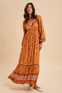 Pumpkin Spice Floral Contrast Piped Border Print Maxi Dress