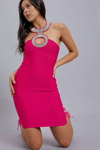 Fuchsia Crystal Embroidered Halter Neck Mini Bandage Dress