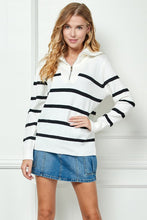 White Stripe Knit Zip-up High Collared V-neck Sweater