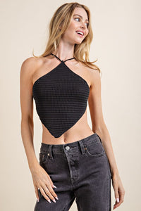 Blk Sweater Knit Triangle Crop Halter Top