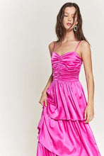 Fuchsia Satin Ruched Multi Layer Maxi Dress