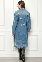 Med Wash Distressed Long Denim Jacket