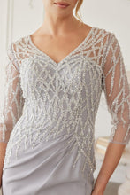 Silver Floor Length Mob Gown With 3/4 Sleeves V Neckline