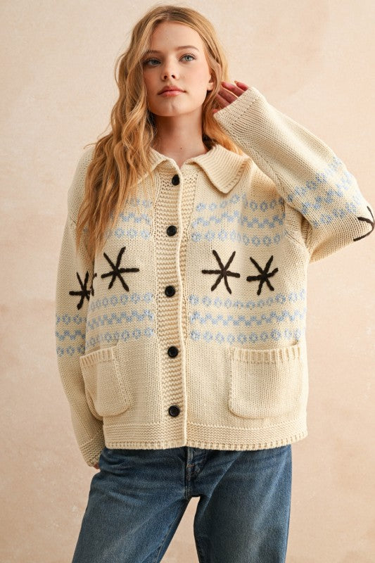 Cream Multi Snow Flake Pattern Button Front Sweater Jacket