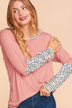 Mauve/Grey/Ivory Rib Leopard Print Stripe Color Block Knit Top