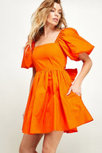 Orange Puffled Balloon Sleeve Tie Back Dress