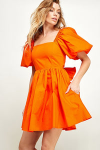 Orange Puffled Balloon Sleeve Tie Back Dress