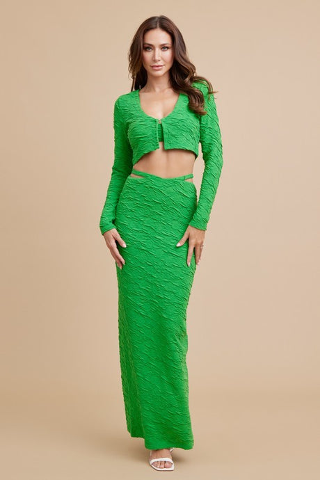 Green 3pc Set Of Top Cardigan And Skirt