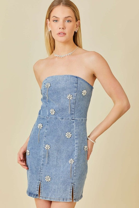 Falling Flower Stone Trim Bodycon Denim Dress – Aquarius Brand