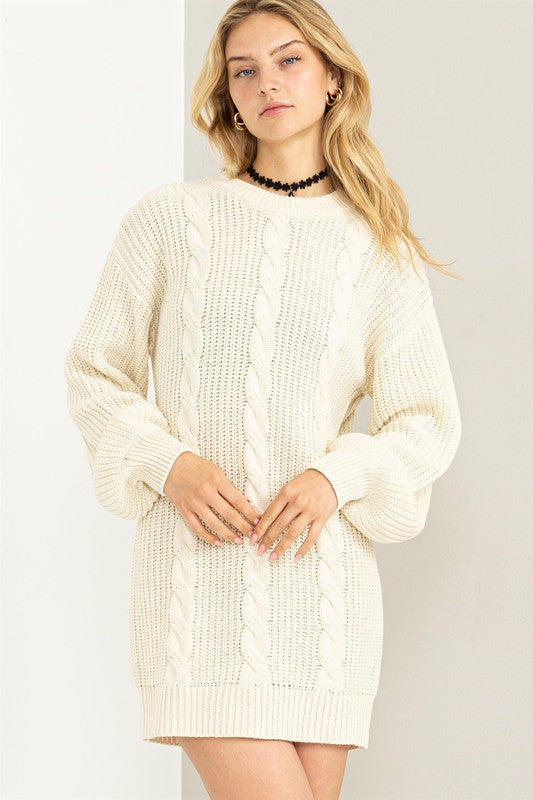 Cream Cable-Knit Ribbed Mini Sweater Dress Aquarius Brand Cream Cable-Knit Ribbed Mini Sweater Dress Aquarius Brand