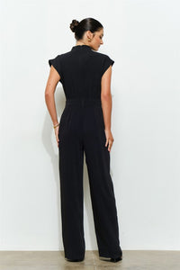 Black High Neck Draped Waist Cap Sleeve Jumpsuit