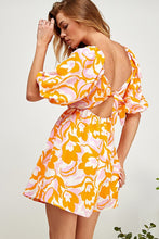Orange Multi Open Tie Back Balloon Sleeve Sweatheart Dress