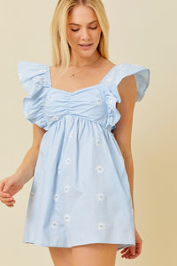 Light Blue Ruffle Shoulder Shirring Babydoll Romper