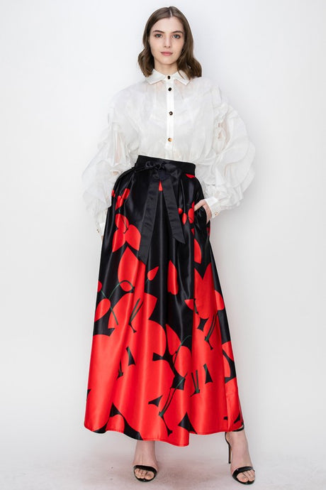 Black Flower Print Pleated Maxi Skirt with Waist Ribbon