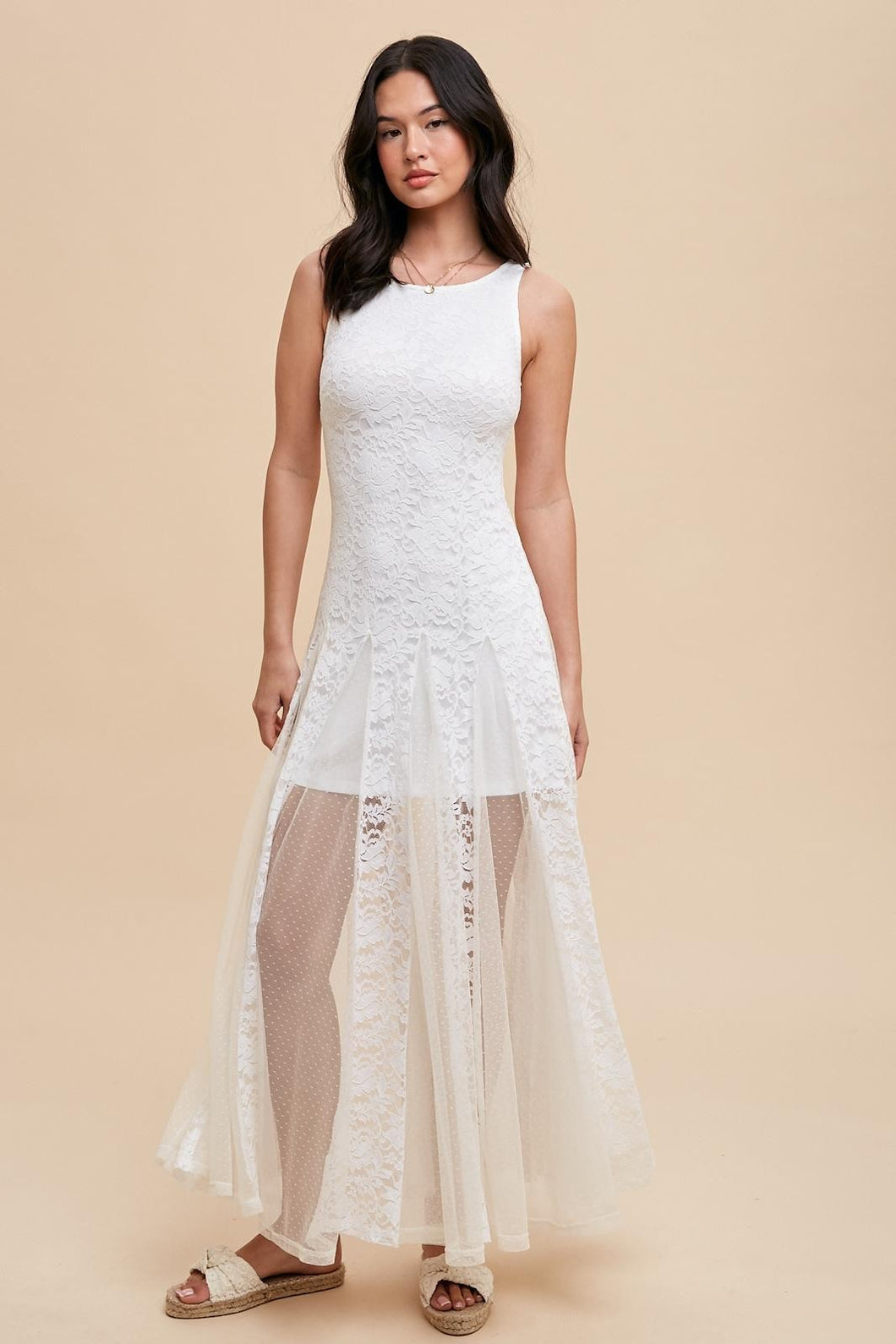 Ivory Lace Paneled Sleeveless Dress