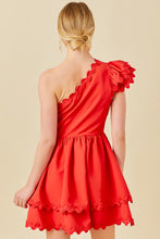 Red One Shoulder Scallop Edge Trim Solid Dress