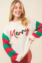 Ivory Merry Letter Stripe Trim Oversize Sweater