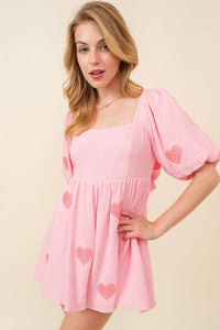 Pink Heart Patch Gauze Valentine Romper