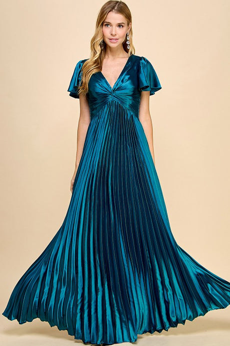Teal Short Sleeve Pleated Skirt Tie Back Maxi Dress