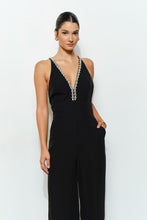 Black Crystal Trim Deep V Cross Back Jumpsuit